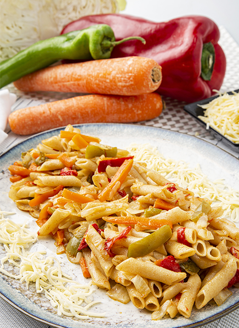 Recette de pâtes de blé complet aux légumes sautés