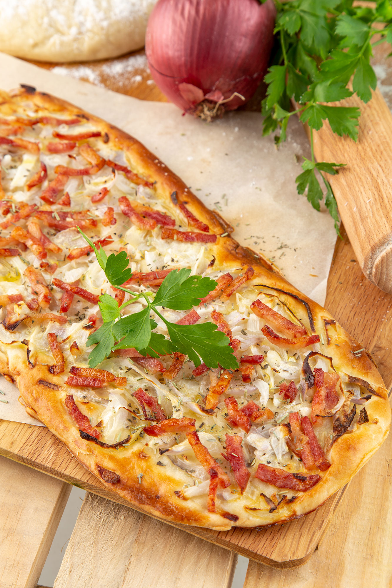 Coca with onion and bacon recipe