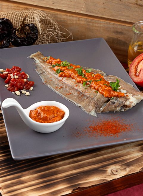 Sole with romesco sauce and tomato spherifications